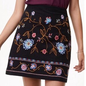 LOFT Black Embroidered 100% Cotton Lined Mini Skirt 12 Floral Side Zip